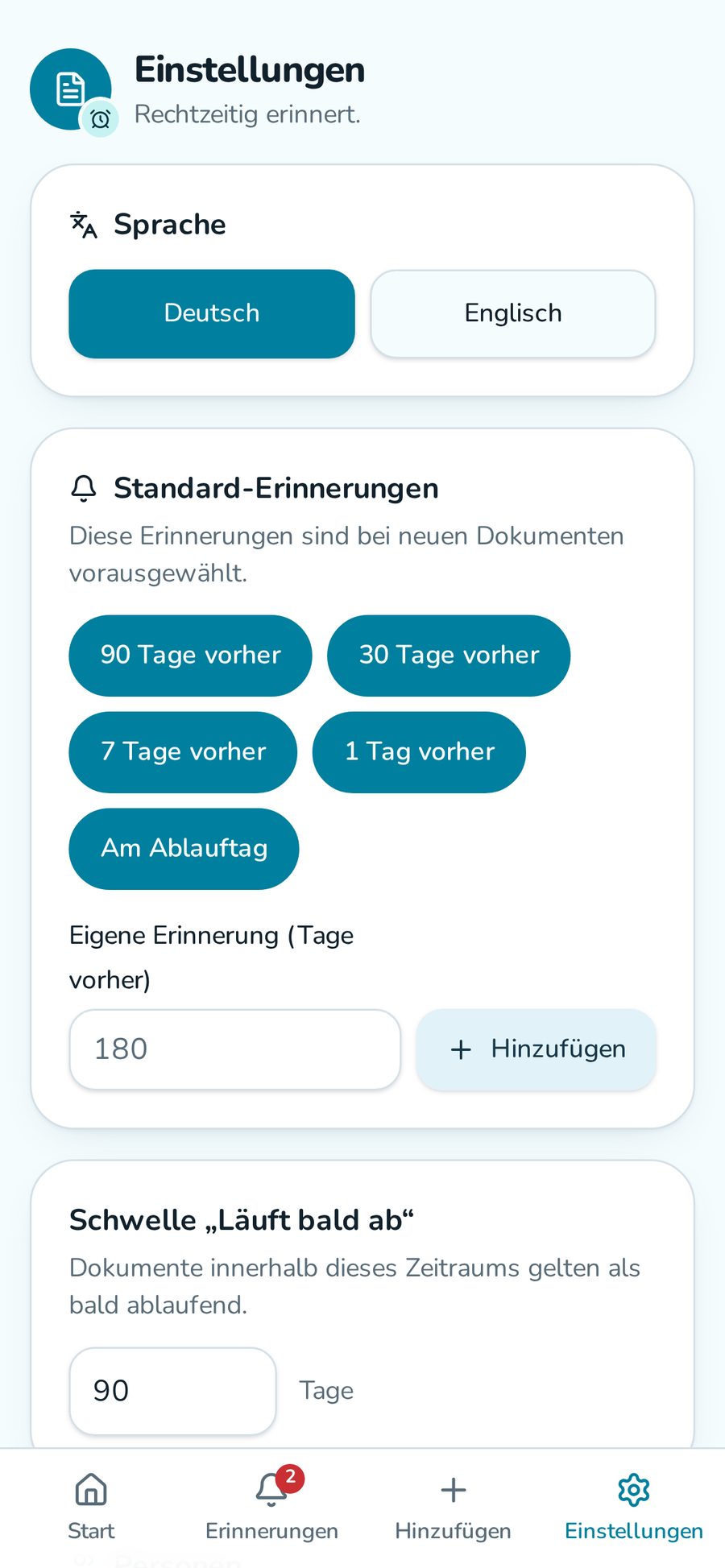 Einstellungen und Daten