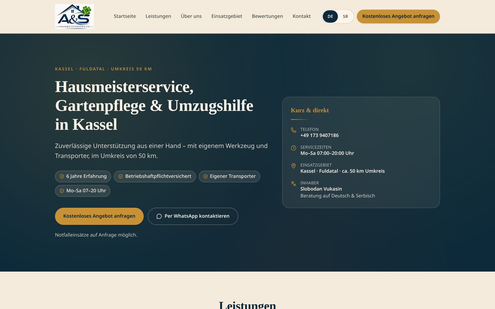 A & S Hausmeisterservice — Startseite mit Direktkontakt