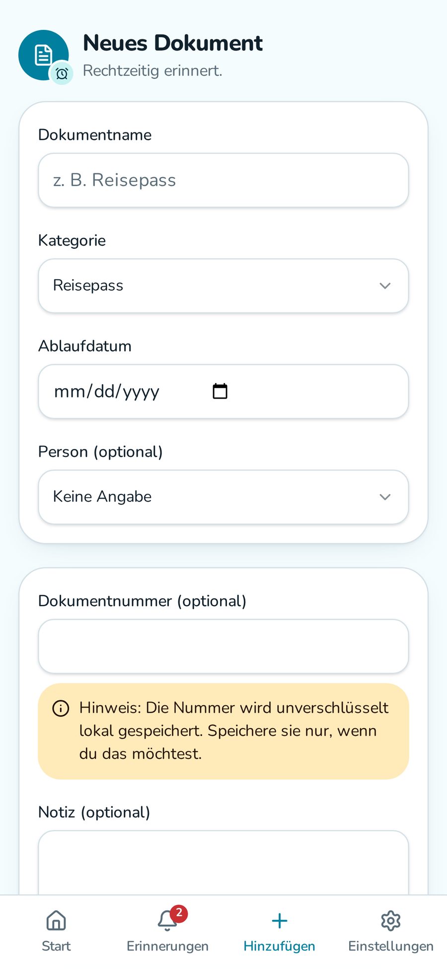 Dokument hinzufügen