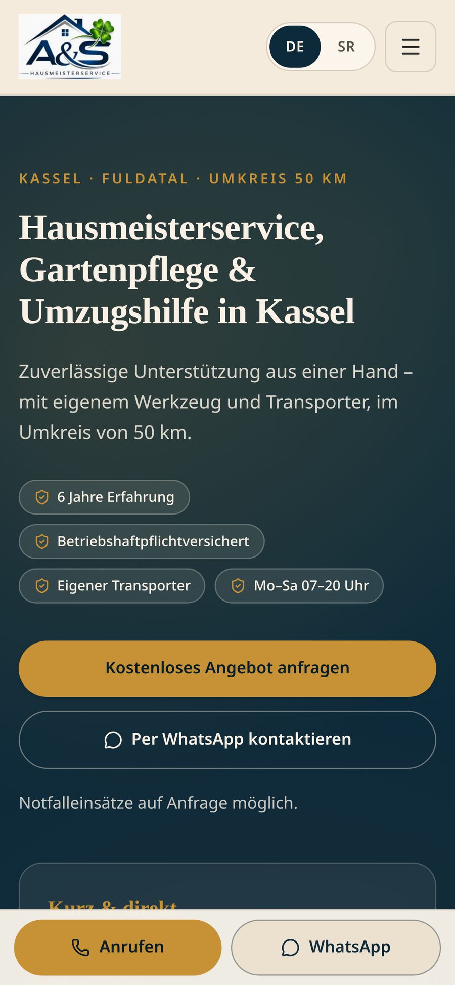 Mobile Ansicht mit Anruf- und WhatsApp-Leiste