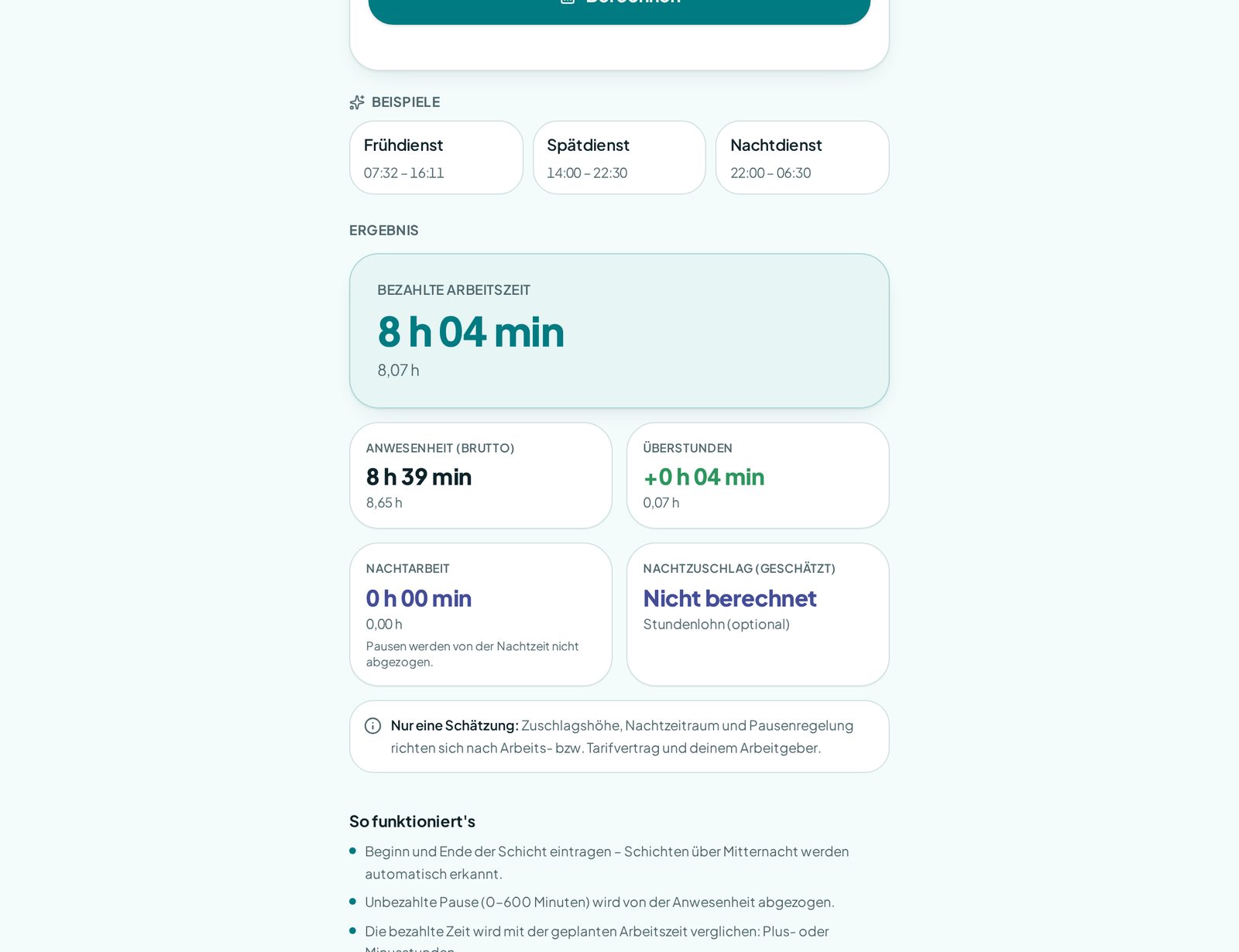 Ergebnis mit Arbeitszeit, Überstunden und Nachtarbeit